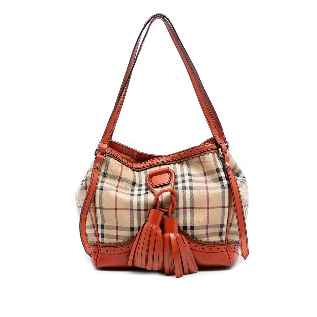 Burberry Small Haymarket Check Coated Canvas Brogue Tassel Tote