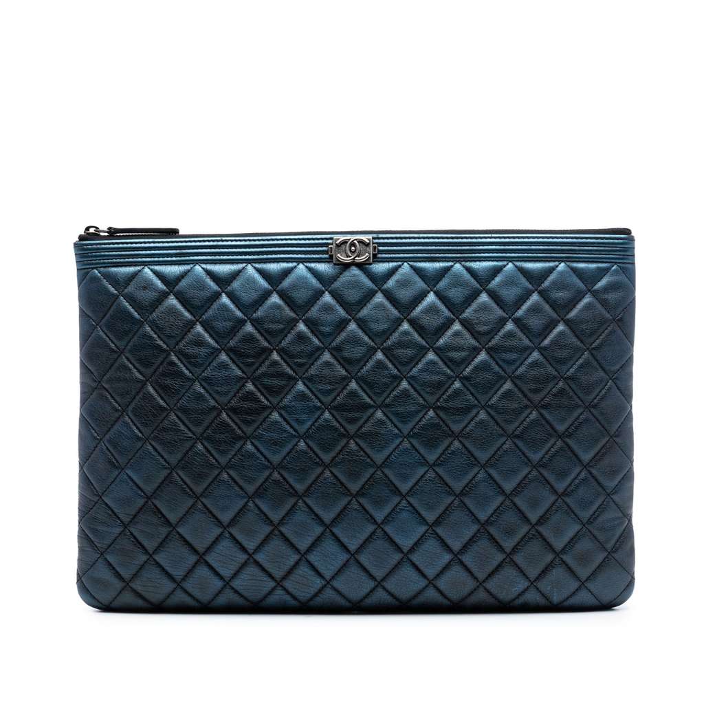 Chanel Large Quilted Metallic Lambskin Boy O Case Clutch