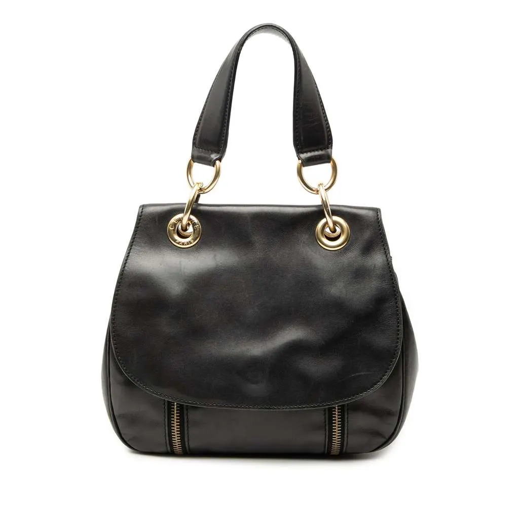 Celine Leather Eyelet Flap Handbag Black Leather Good - Front View