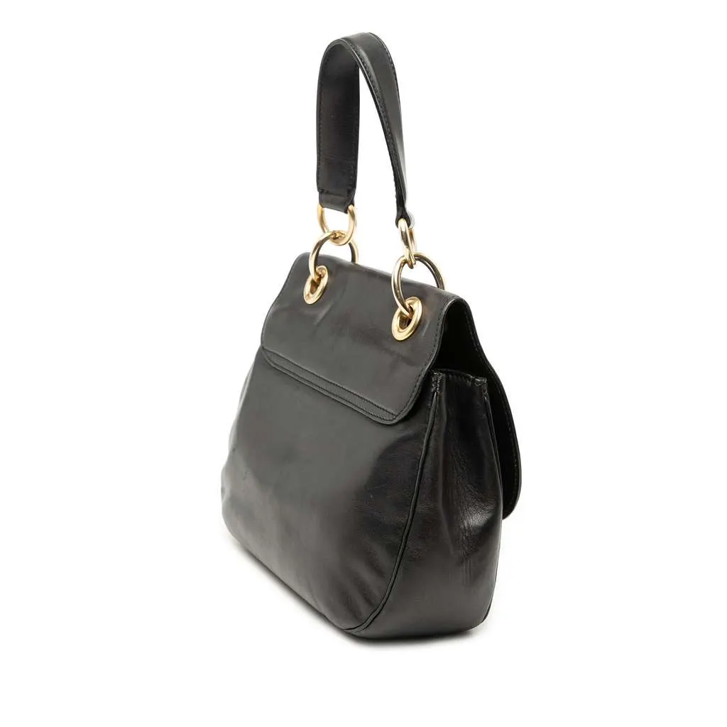 Celine Leather Eyelet Flap Handbag Black Leather Good - Back View