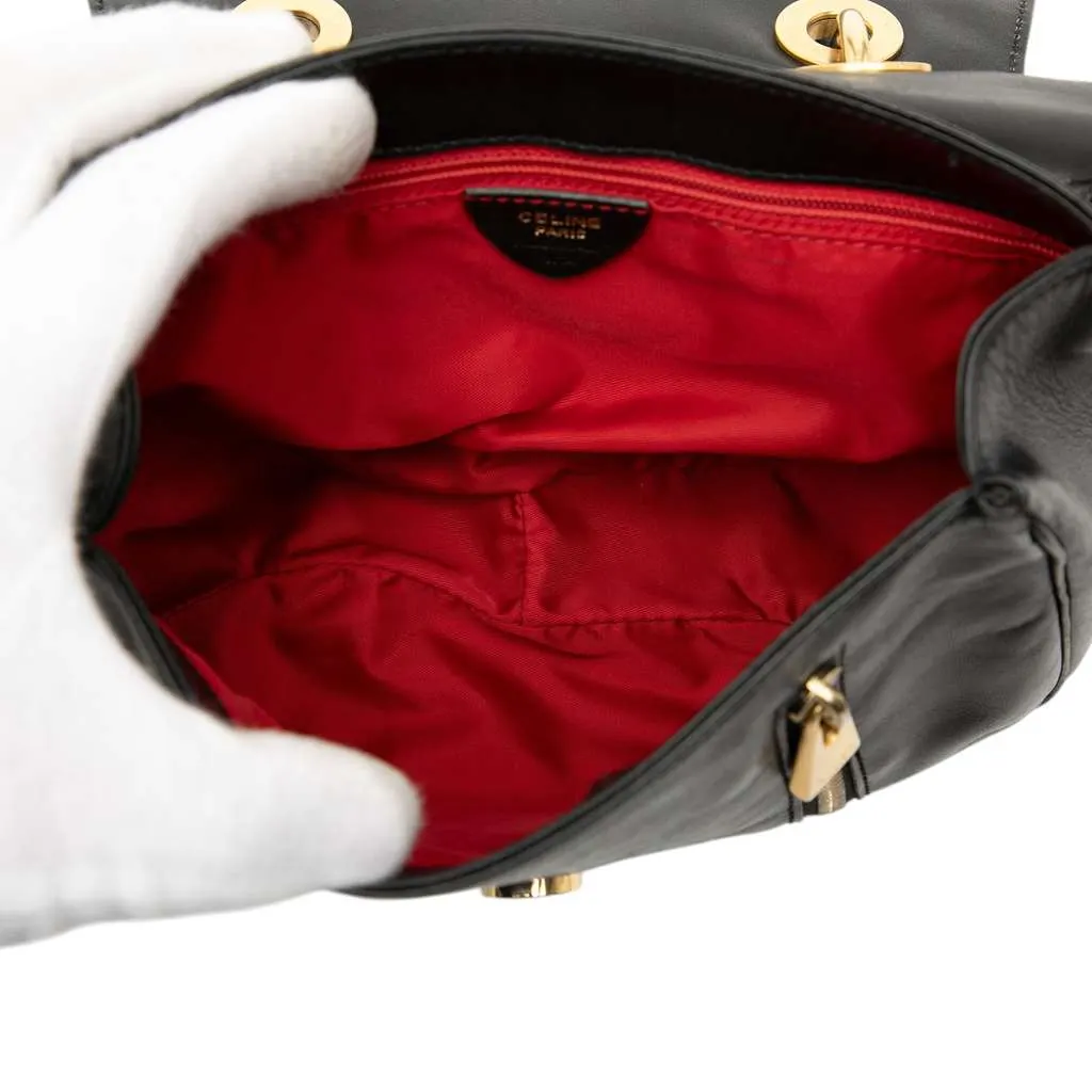 Celine Leather Eyelet Flap Handbag Black Leather Good - Model View