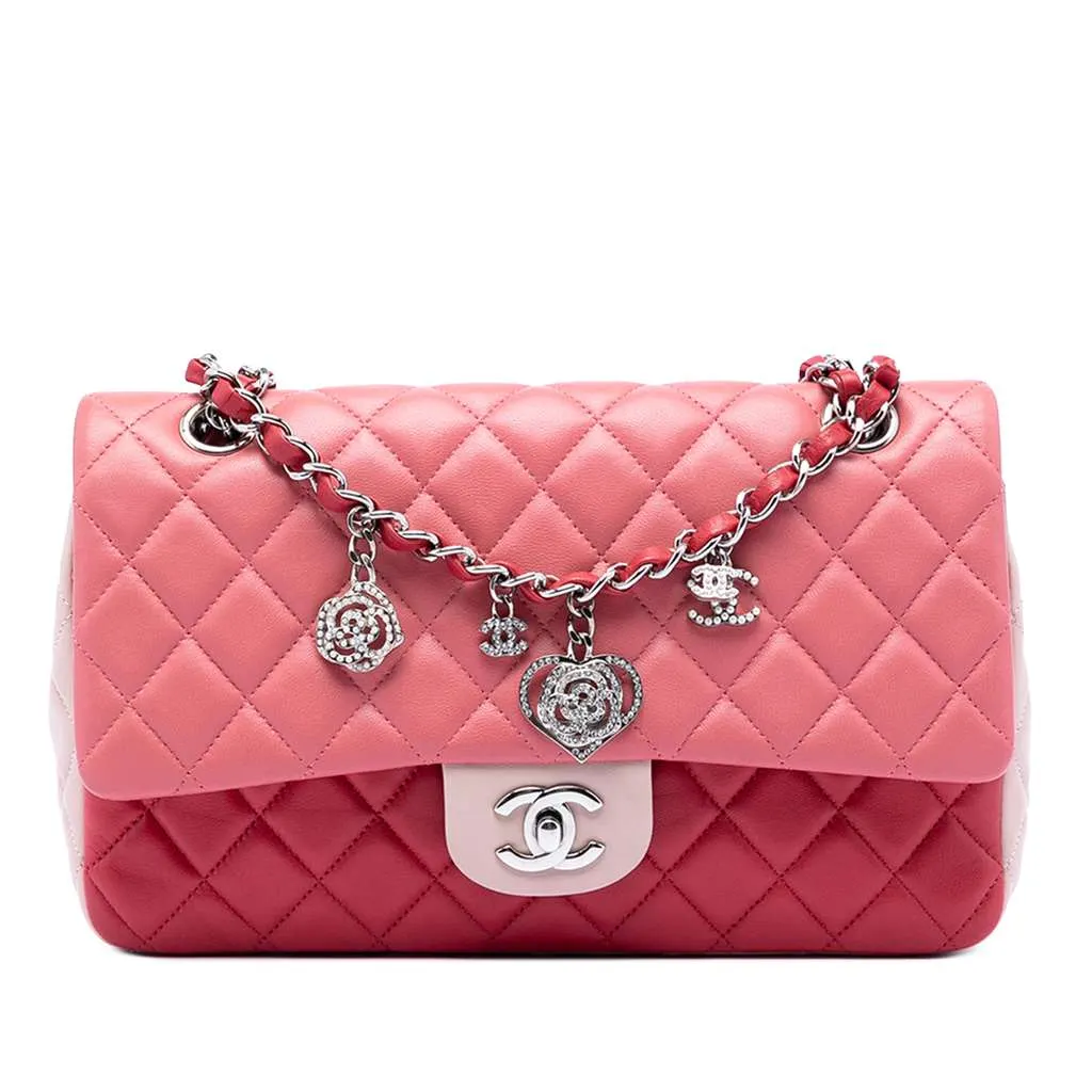 Chanel Medium Classic Tricolor Lambskin Valentines Heart Charms Single Flap Pink Leather Very good - Front View