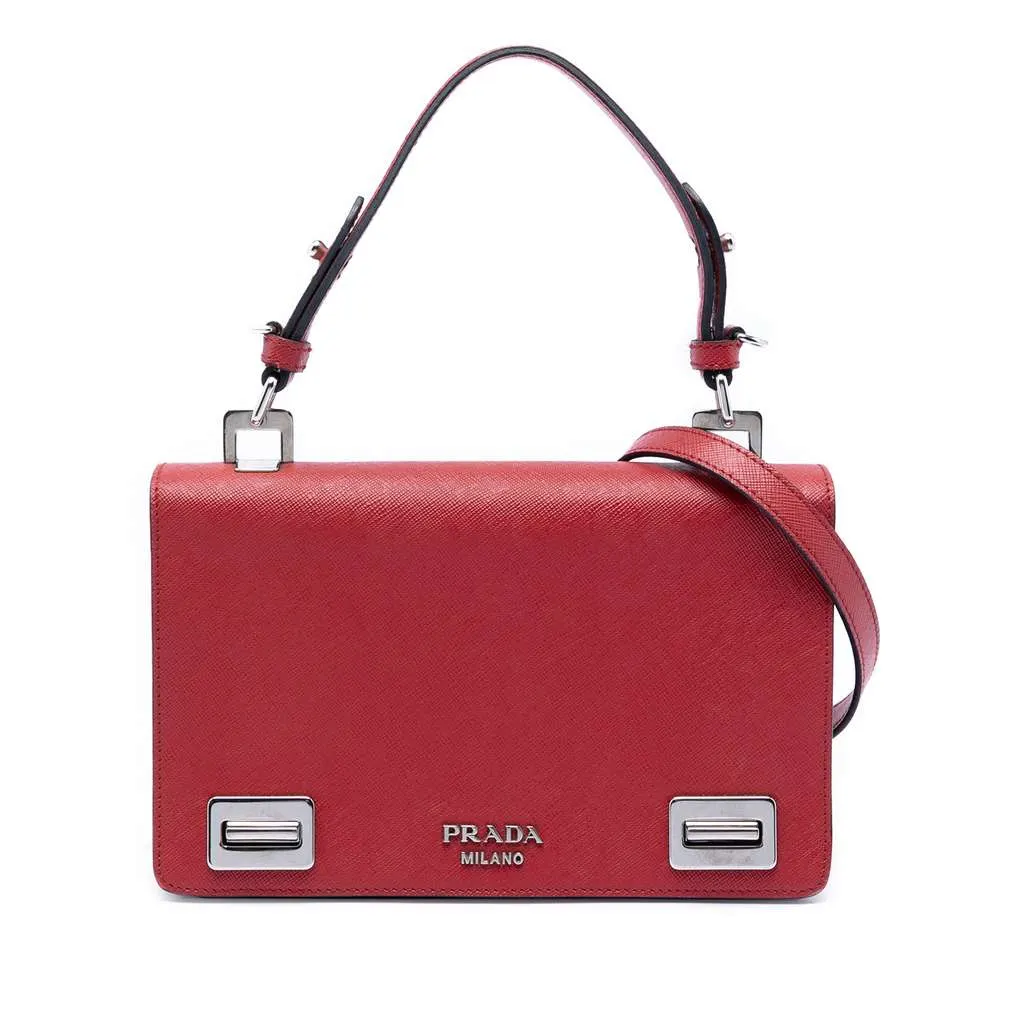 Prada Saffiano Double Turn Lock Top Handle Bag Red Leather Very good - Front View