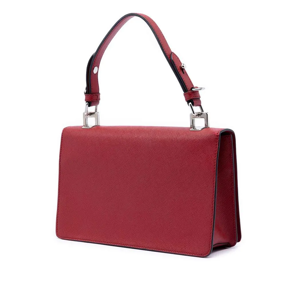 Prada Saffiano Double Turn Lock Top Handle Bag Red Leather Very good - Back View