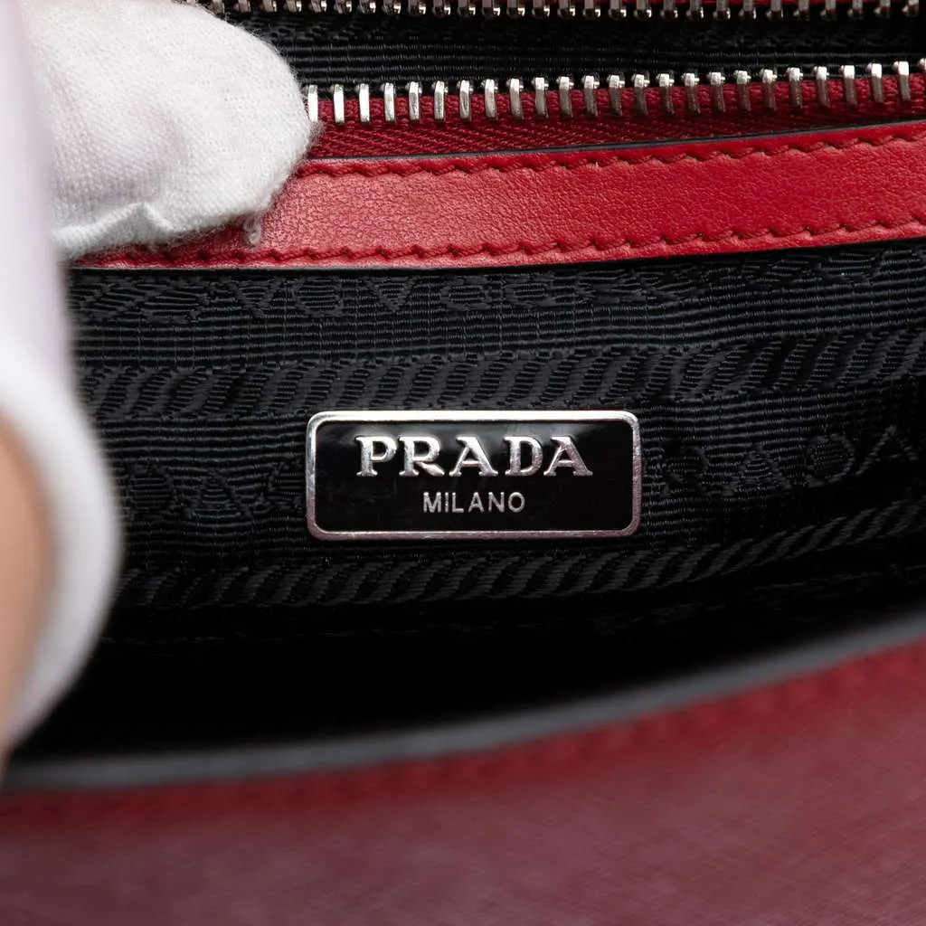 Prada Saffiano Double Turn Lock Top Handle Bag Red Leather Very good - Box View