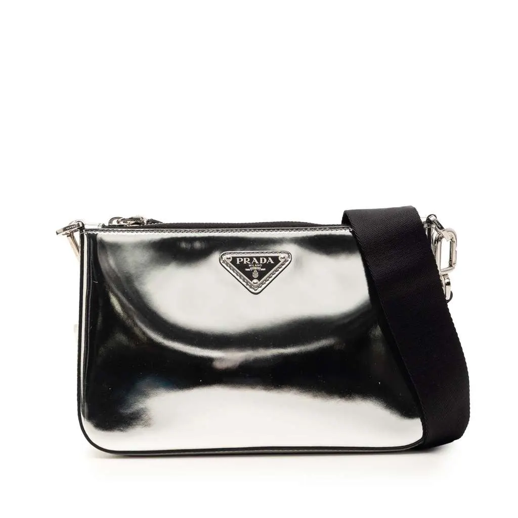 Prada Brushed Leather Re Edition Zip Messenger Bag Silver Leather Very good - Front View