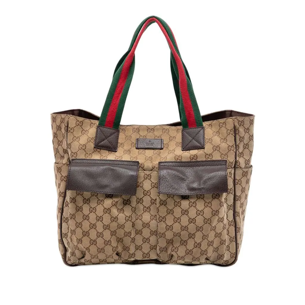 Gucci GG Canvas Web Double Pockets Tote Beige Canvas Very good - Front View