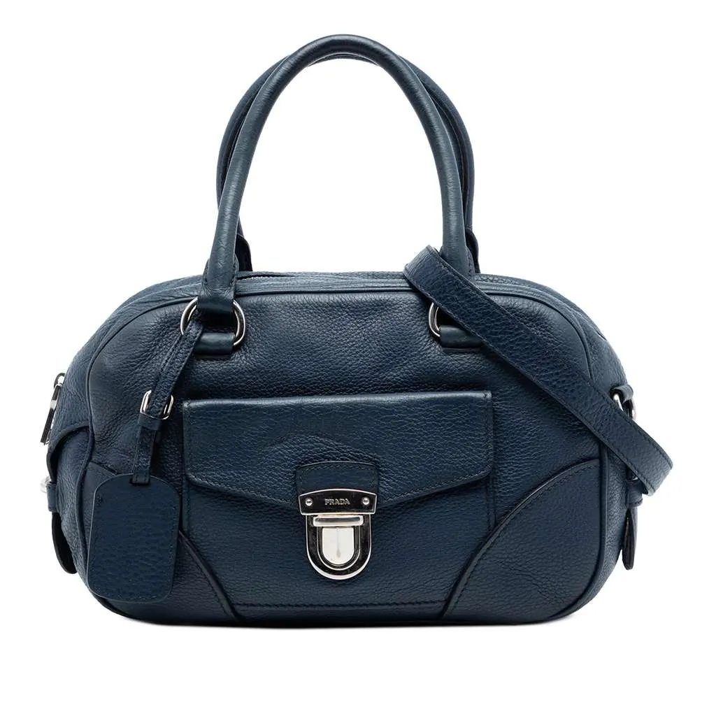 Prada Vitello Daino Front Pocket Boston Bag Blue Leather Very good - Front View