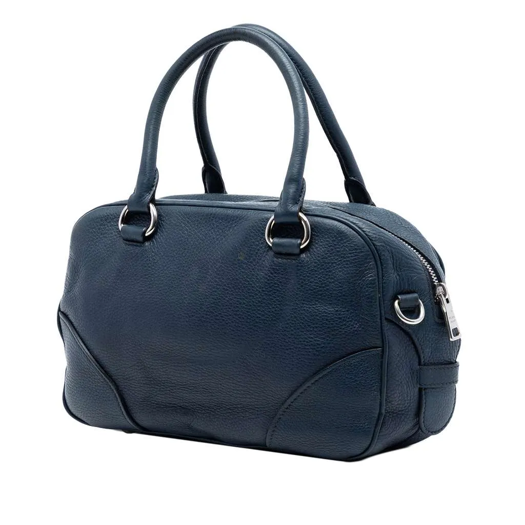 Prada Vitello Daino Front Pocket Boston Bag Blue Leather Very good - Back View