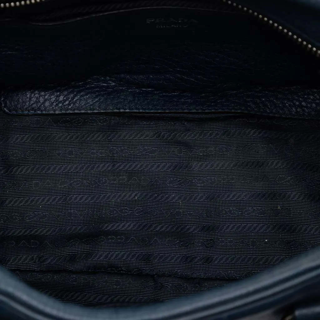 Prada Vitello Daino Front Pocket Boston Bag Blue Leather Very good - Model View
