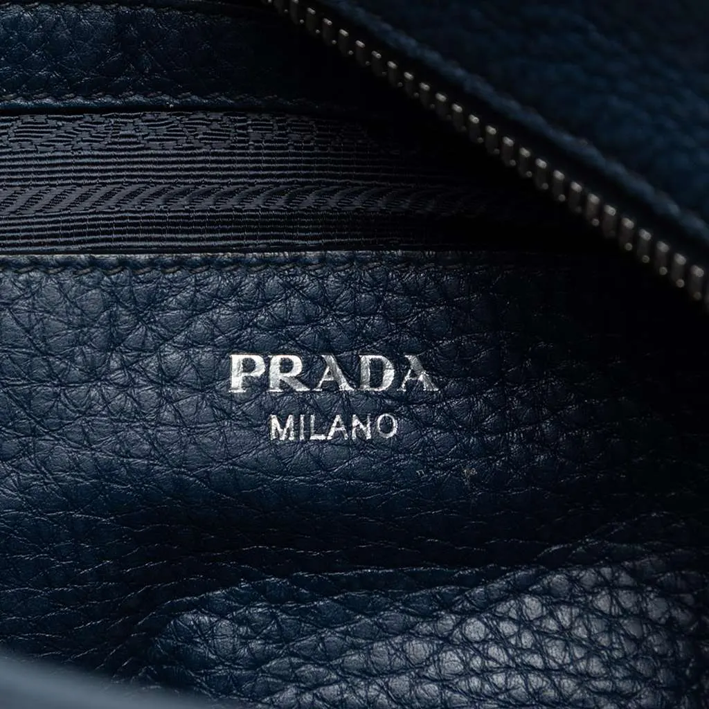 Prada Vitello Daino Front Pocket Boston Bag Blue Leather Very good - Box View