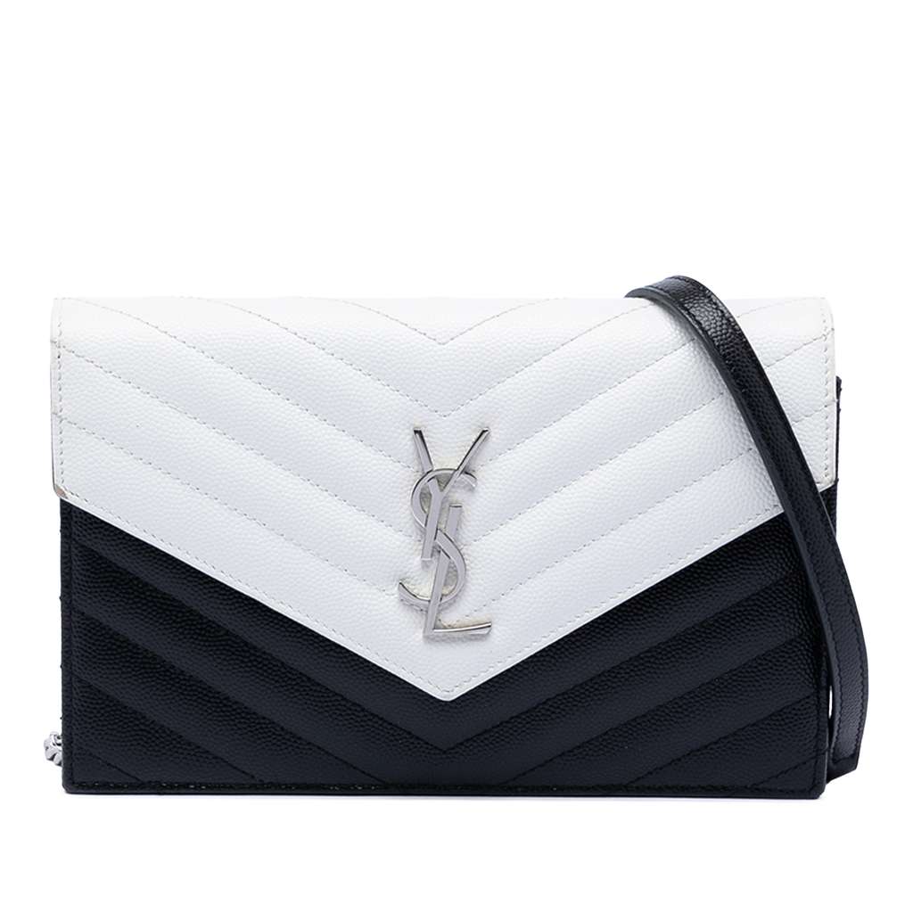 Saint Laurent Bicolor Grain De Poudre Chevron Monogram Envelope Chain Wallet
