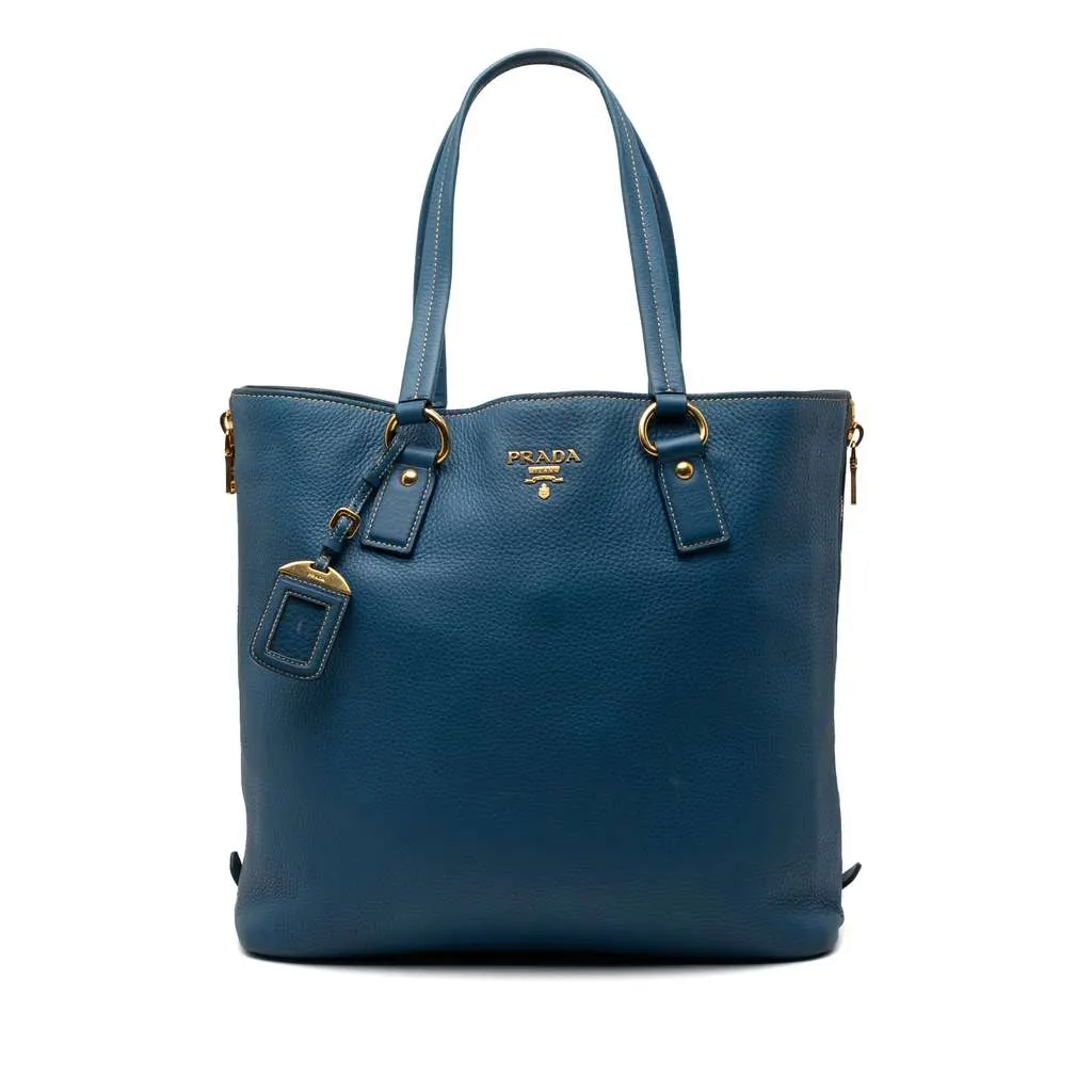 Prada Vitello Daino Side Zip Shopper Tote Blue Leather Very good - Front View