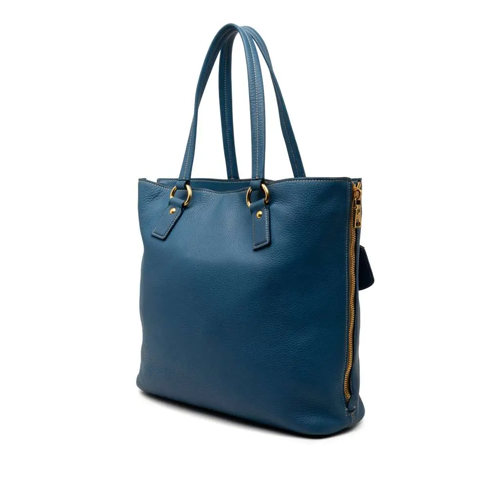 Prada Vitello Daino Side Zip Shopper Tote Blue Leather Very good - Back View