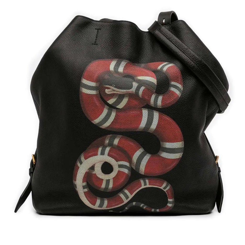 Gucci Grained Leather Kingsnake Print Backpack Black Leather Good - Front View