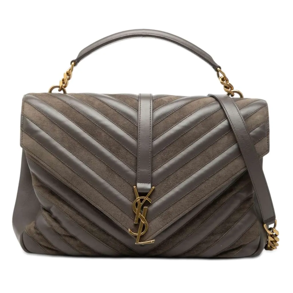 Saint Laurent Large Calfskin and Suede Chevron Monogram College Satchel Grey Leather Very good - Front View