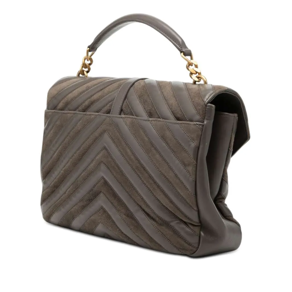 Saint Laurent Large Calfskin and Suede Chevron Monogram College Satchel Grey Leather Very good - Back View