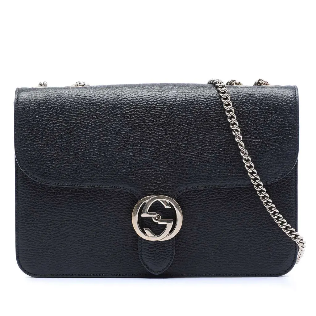 Gucci Medium Dollar Calfskin Interlocking G Crossbody Black Leather Very good - Front View