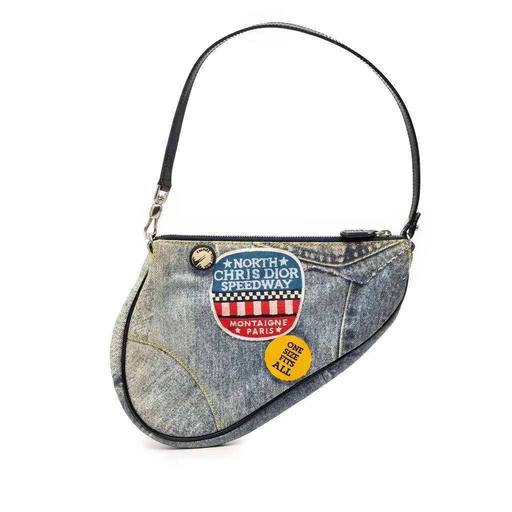 Dior Mini Canvas Printed Denim Speedway Saddle Pochette Blue Denim Very good - Front View