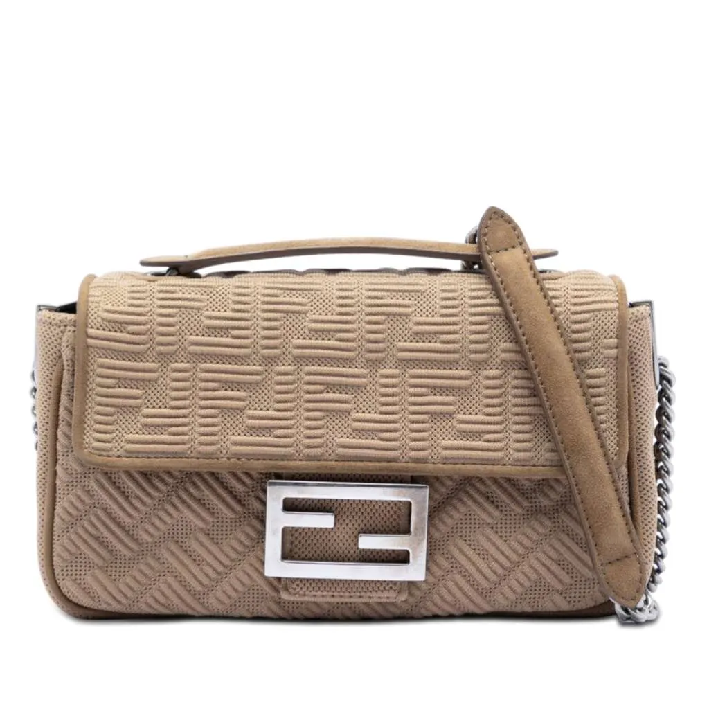 Fendi Zucca Embossed Technical Fabric Chain Midi Baguette Beige Very good - Front View