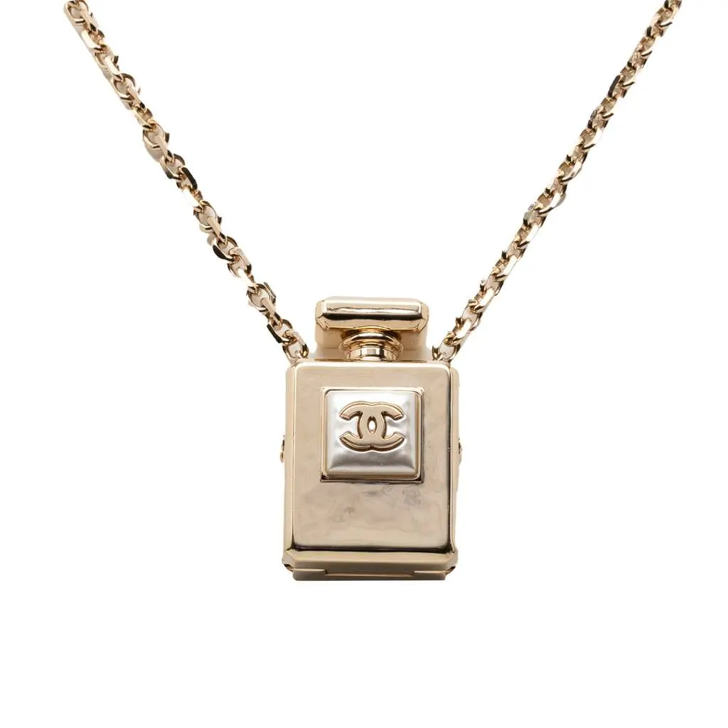Chanel CC Gold Plated Perfume Bottle Locket Pendant Necklace Gold Metal Very good - Front View
