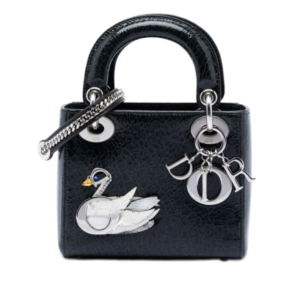 Dior Mini Deerskin Ceramic Effect Jeweled Swan Lady Dior Black Leather Very good - Front View