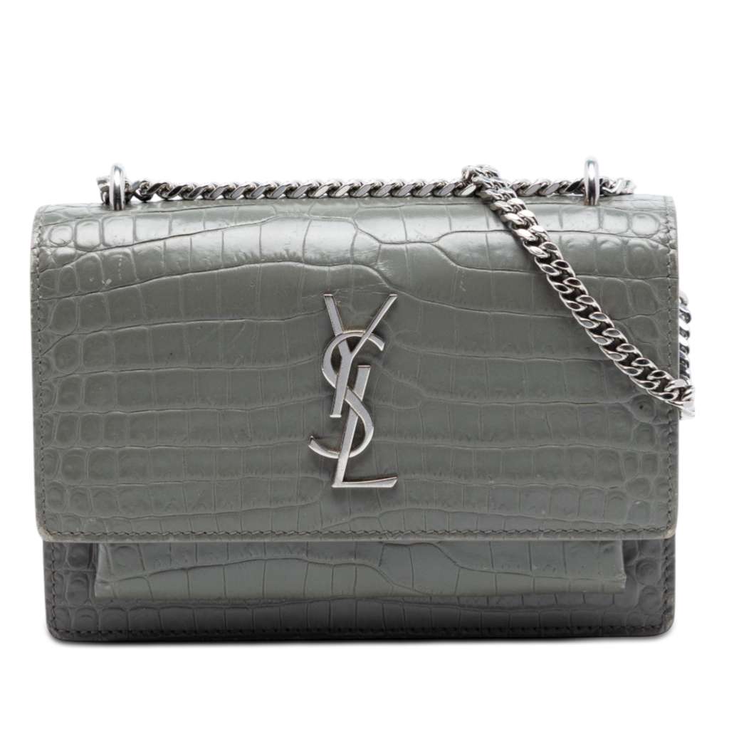 Saint Laurent Mini Croc Embossed Leather Monogram Sunset Wallet on Chain