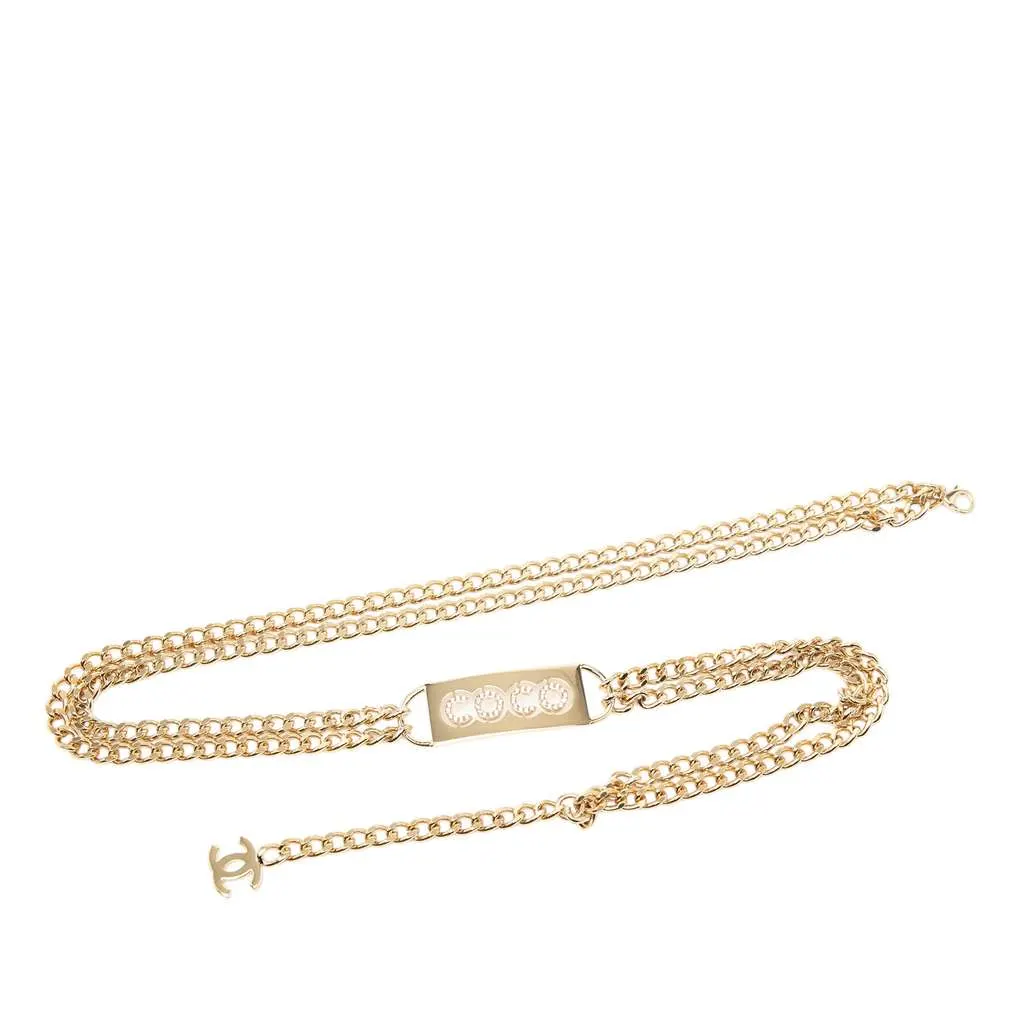 Chanel Gold Plated Strass Coco Plaque Double Chain Belt Gold Metal Very good - Front View