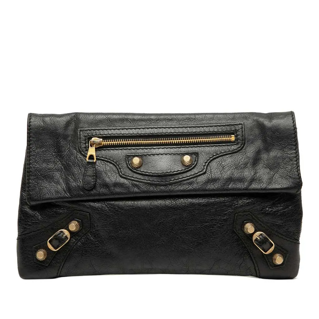 Balenciaga Lambskin Motocross Giant 12 Envelope Clutch Black Leather Very good - Front View