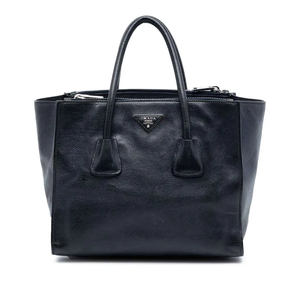 Prada Glace Calf Twin Pocket Double Handle Satchel Blue Leather Very good - Front View