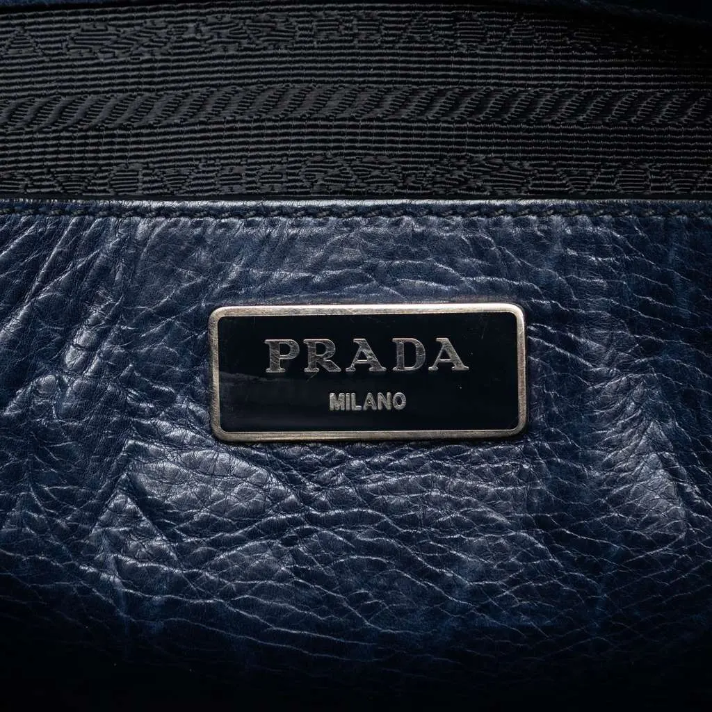Prada Glace Calf Twin Pocket Double Handle Satchel Blue Leather Very good - Box View