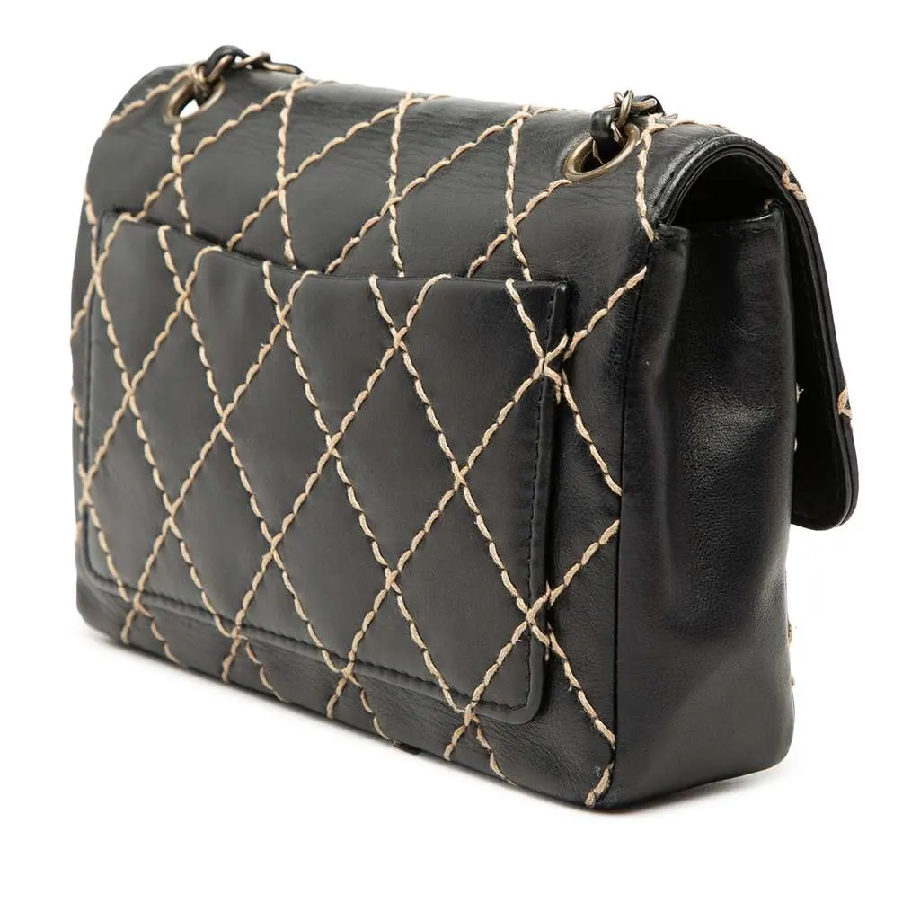 Chanel CC Calfskin Wild Stitch Flap Black Leather Very good - Back View
