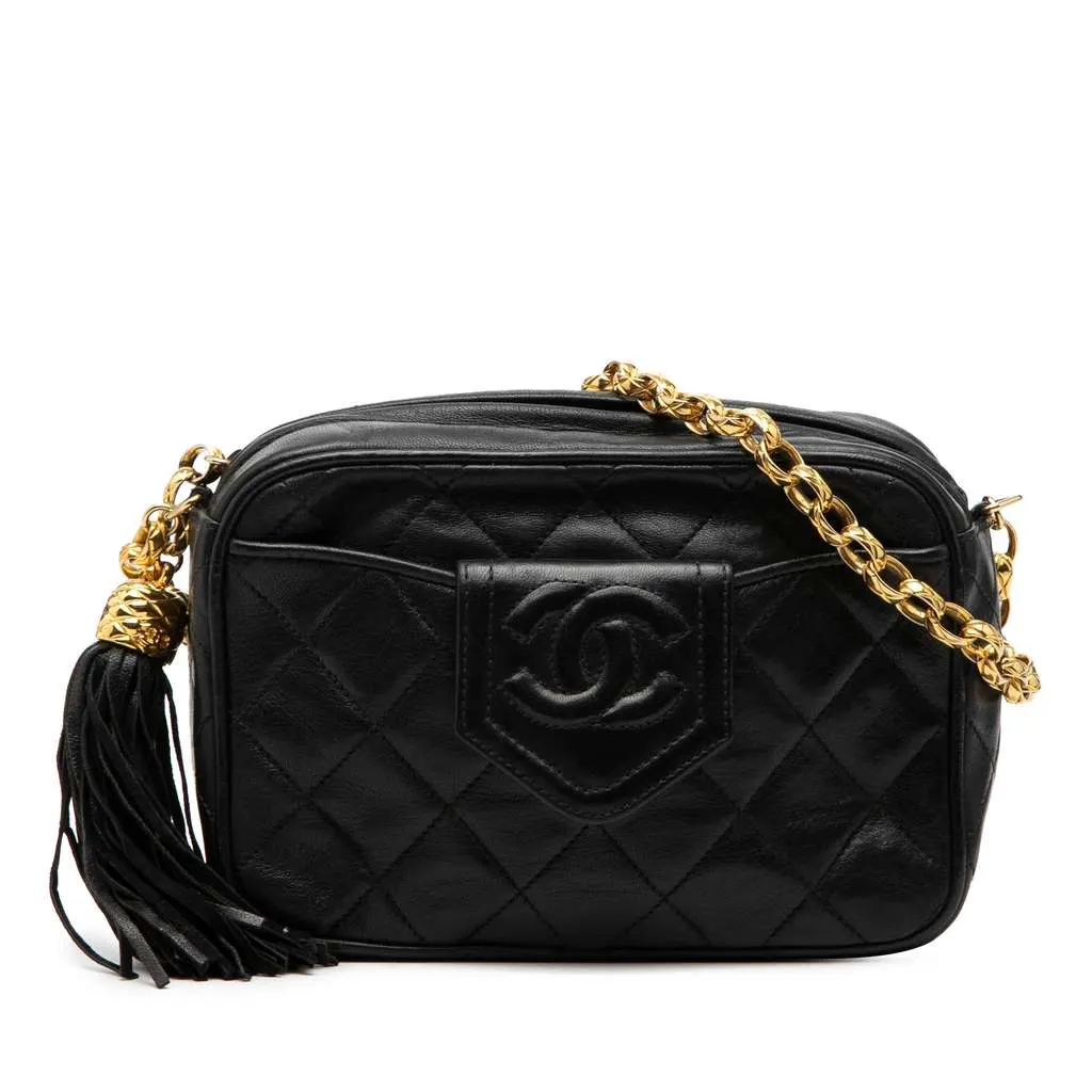 Chanel CC Quilted Lambskin Tassel Camera Bag Black Leather Very good - Front View