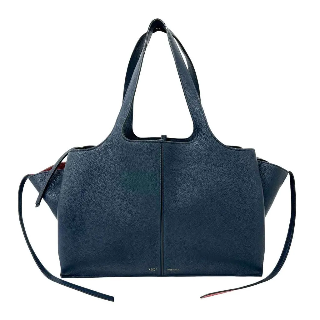 Celine Medium Grained Calfskin Trifold Tote Blue Leather Very good - Front View