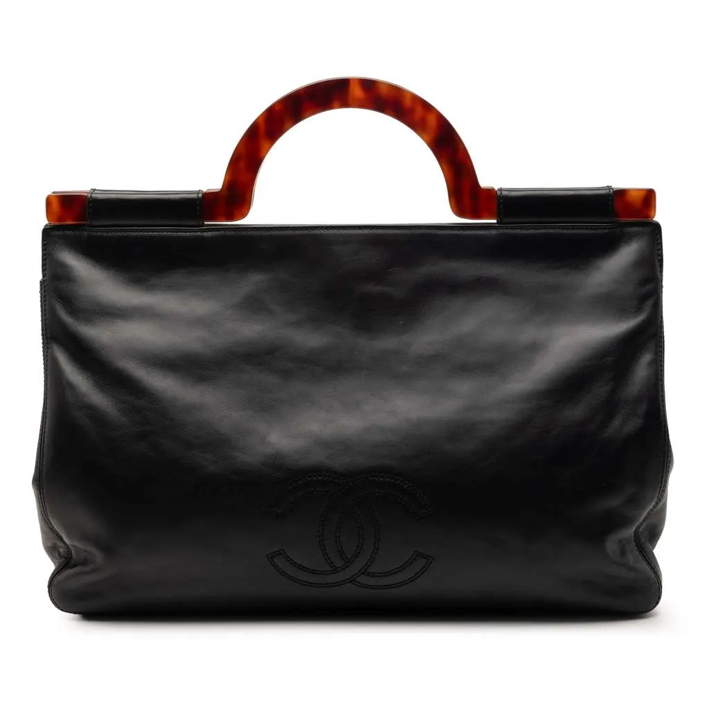 Chanel CC Lambskin Tortoise Shell Top Handle Tote Black Leather Very good - Front View