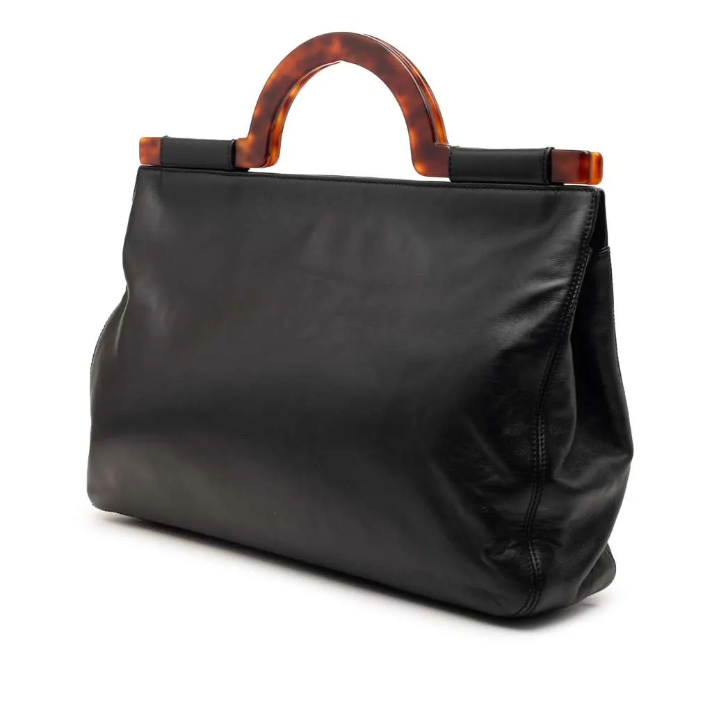 Chanel CC Lambskin Tortoise Shell Top Handle Tote Black Leather Very good - Back View