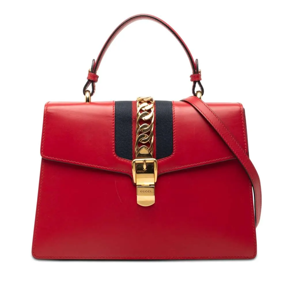 Gucci Medium Leather Web Sylvie Top Handle Bag Red Leather Very good - Front View