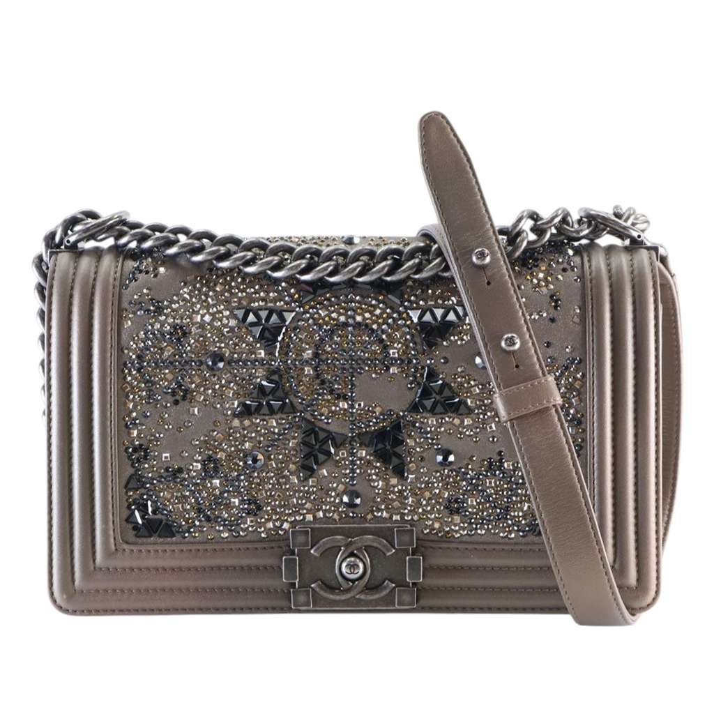 Chanel Old Medium Metallic Goatskin Crystal Boy Flap
