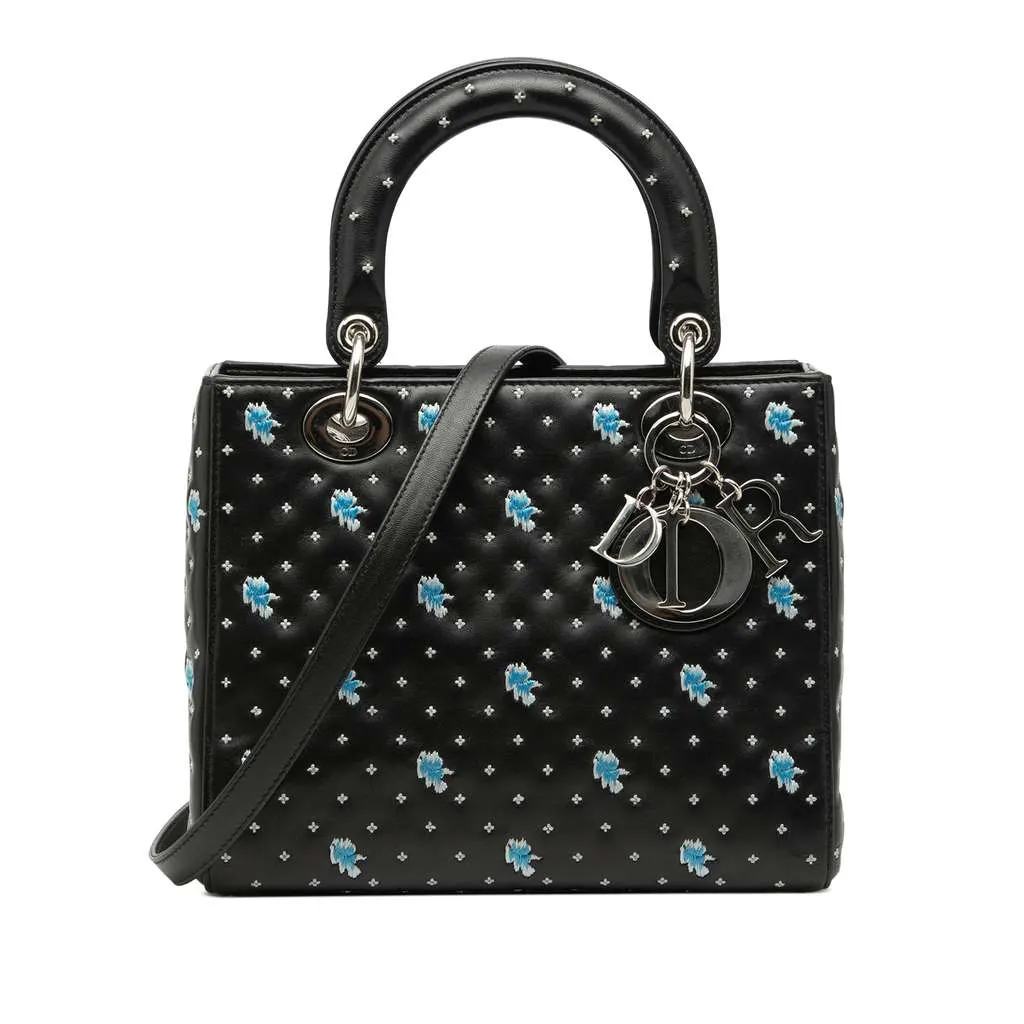 Dior Medium Calfskin Embroidered Flower Lady Dior Black Leather Very good - Front View