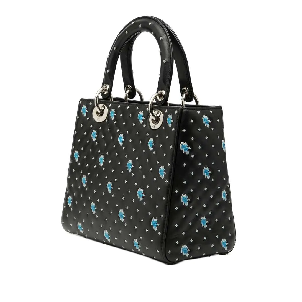 Dior Medium Calfskin Embroidered Flower Lady Dior Black Leather Very good - Back View