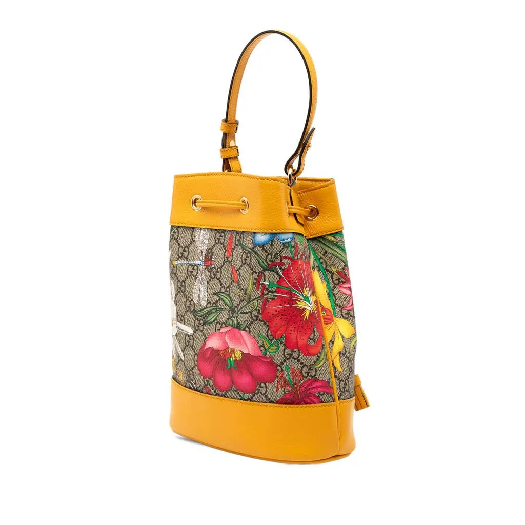 Gucci Small GG Supreme Flora Ophidia Bucket Bag Beige Canvas Very good - Back View