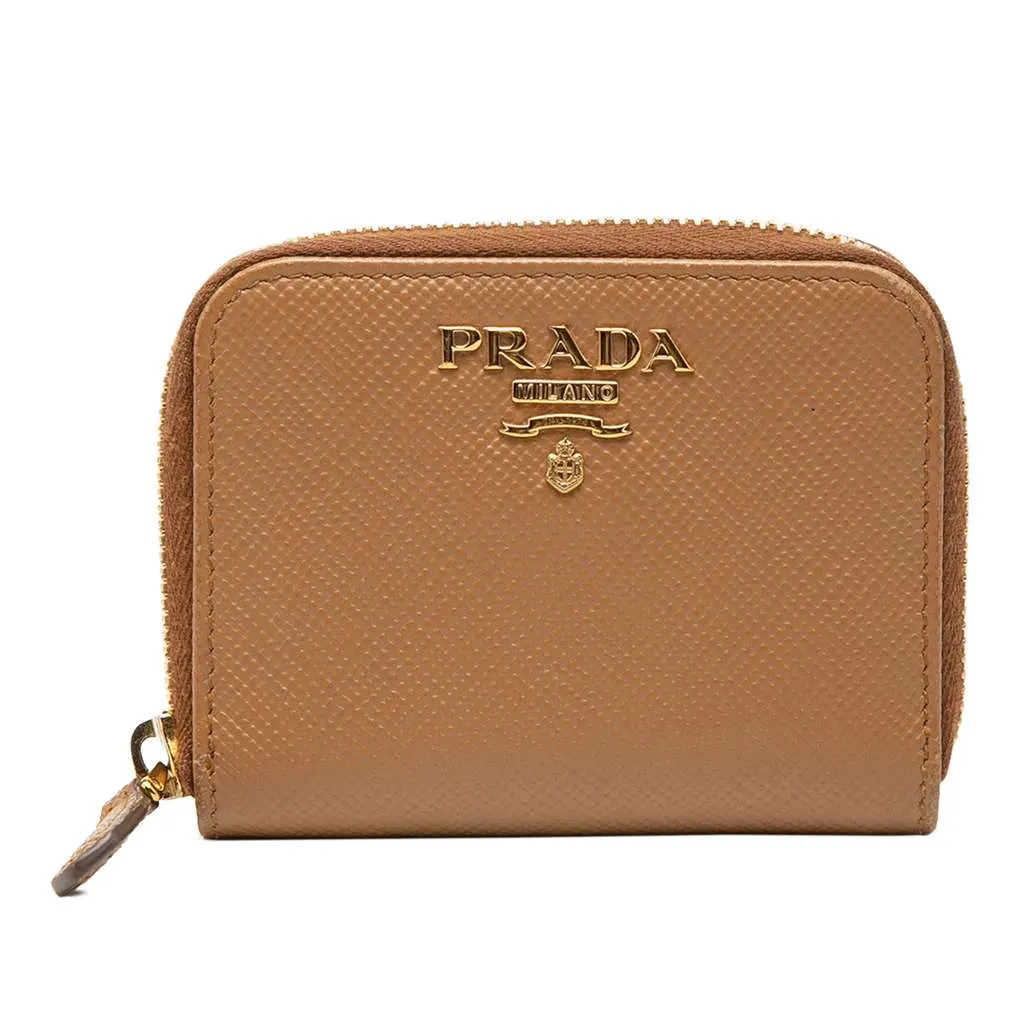 Prada Saffiano Zip Around Coin Pouch Brown Leather Very good - Front View