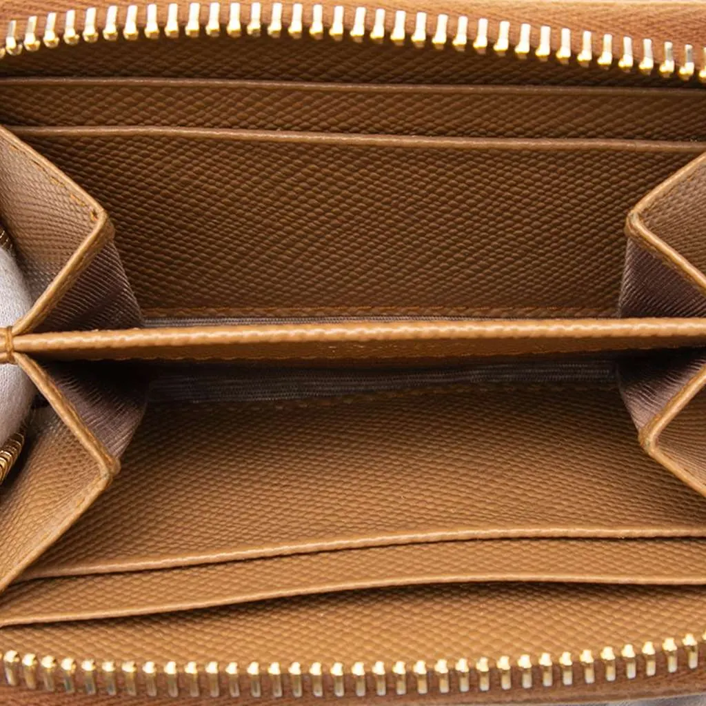 Prada Saffiano Zip Around Coin Pouch Brown Leather Very good - Model View