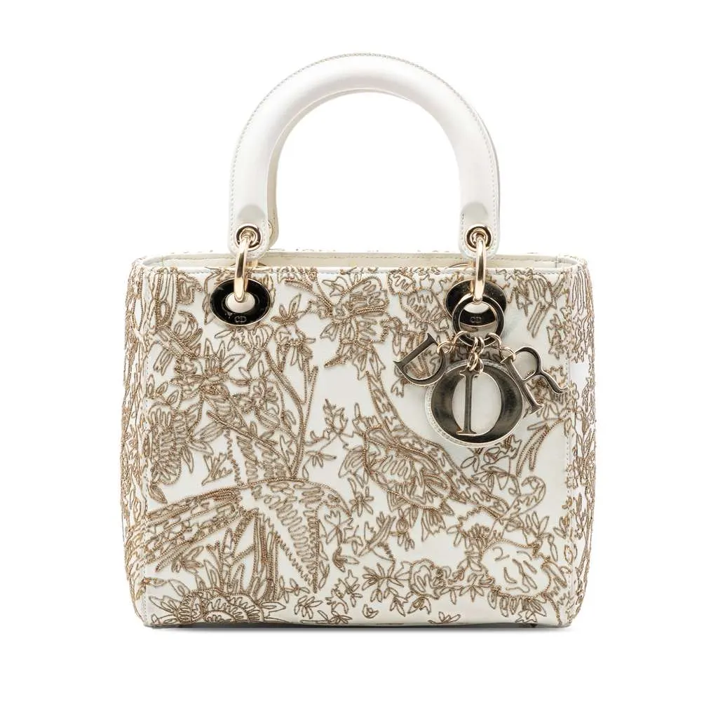 Dior Medium Calfskin Embroidered Jardin D Hiver Lady Dior White Leather Very good - Front View