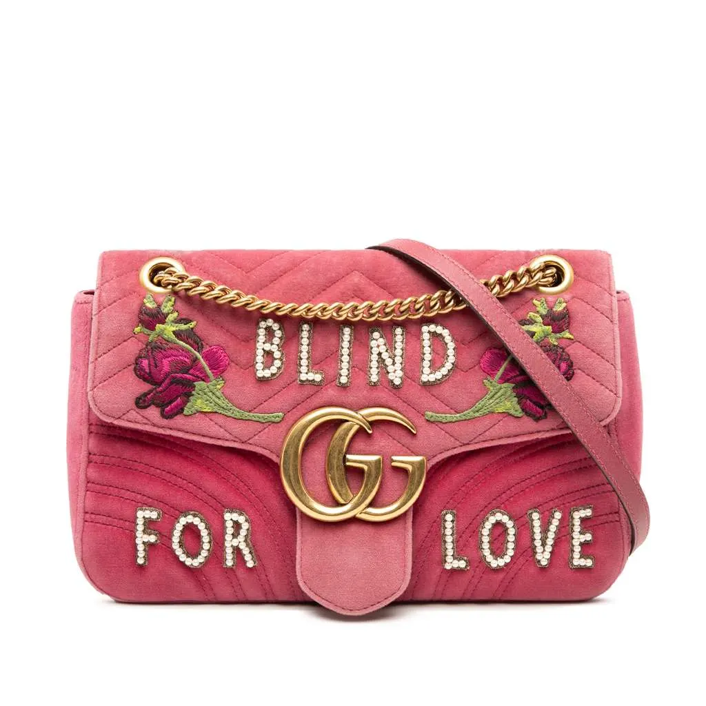 Gucci Large GG Marmont Matelasse Velvet Embroidered Blind For Love Shoulder Bag Pink Velvet Very good - Front View