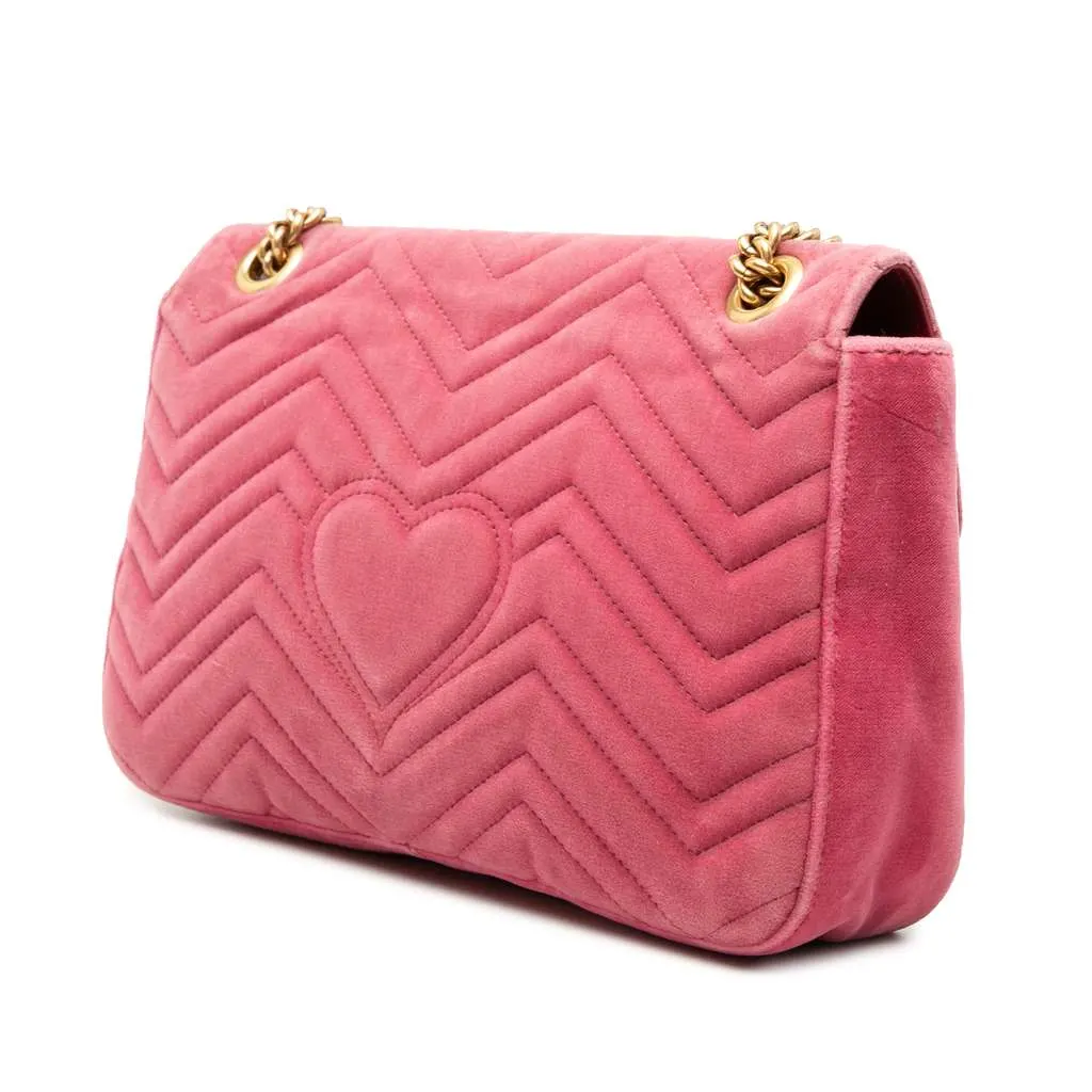 Gucci Large GG Marmont Matelasse Velvet Embroidered Blind For Love Shoulder Bag Pink Velvet Very good - Back View