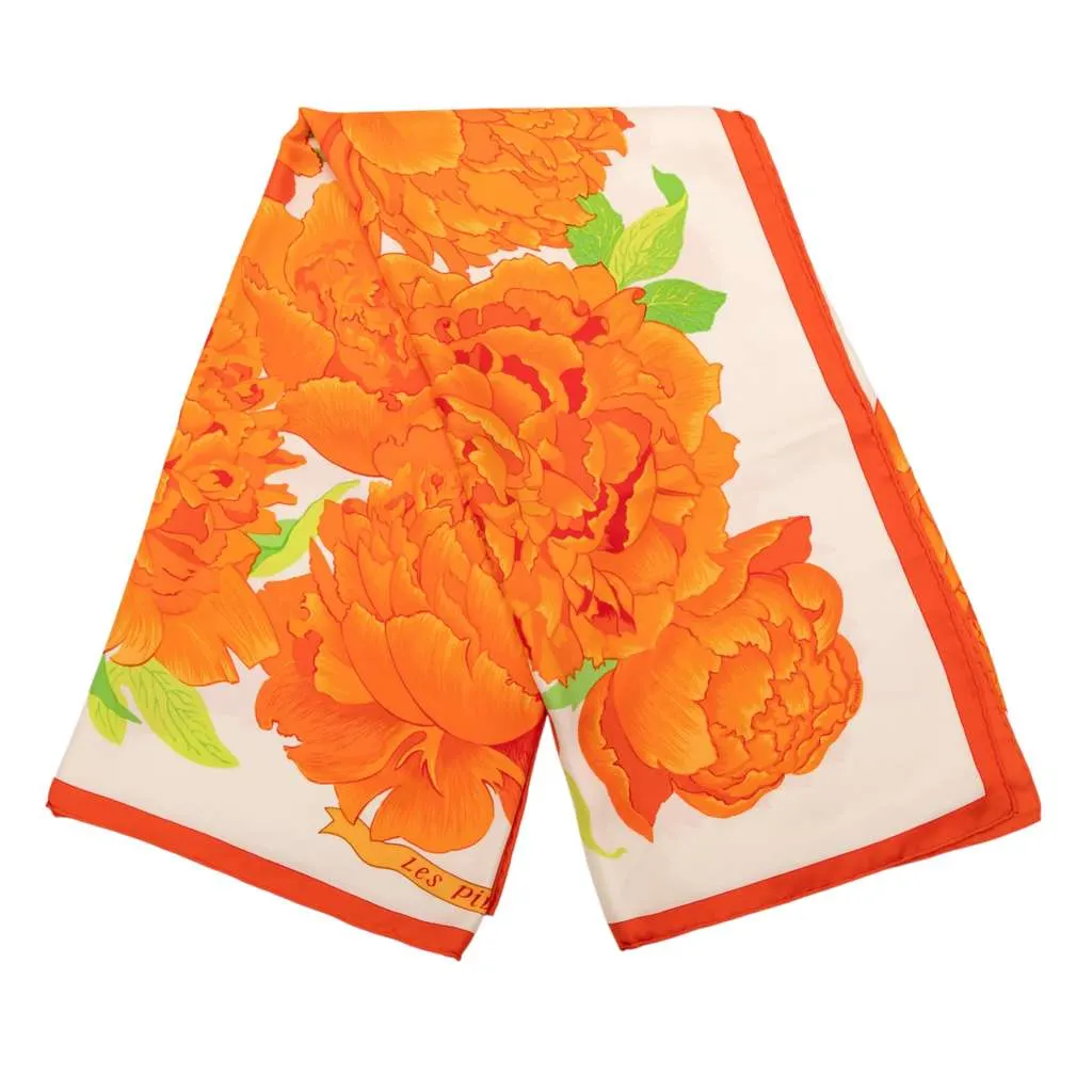 Hermès Les Pivoines Silk Scarf 90 Orange Silk Very good - Front View