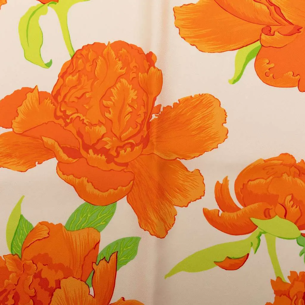 Hermès Les Pivoines Silk Scarf 90 Orange Silk Very good - Box View