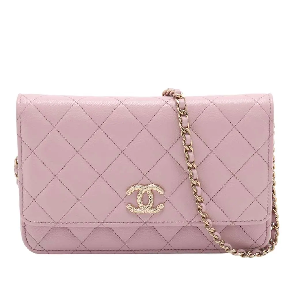 Chanel CC Quilted Caviar Wallet on Chain Pink Leather Very good - Front View