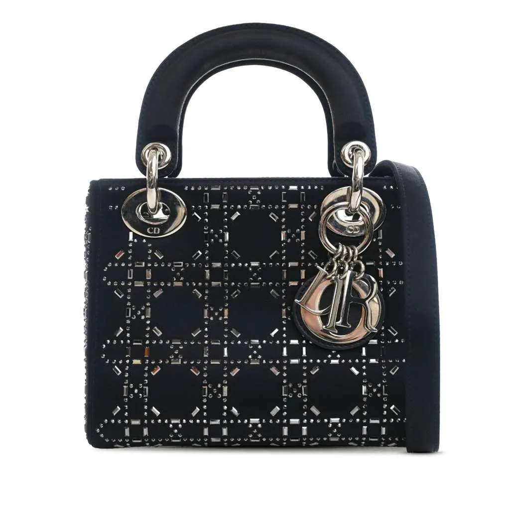 Dior Mini Satin Cannage Strass Crystal Embellished Lady Dior Blue Satin Very good - Front View